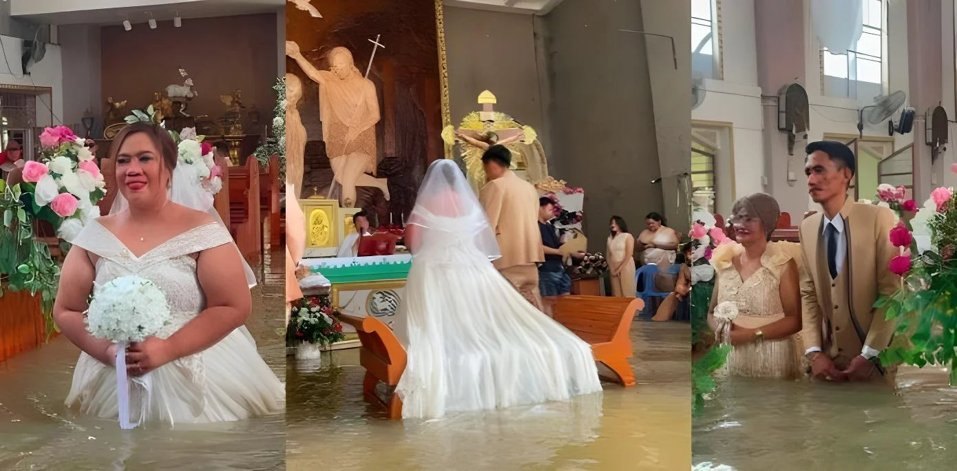 فلپائن، جوڑے نے گھٹنوں تک سیلابی پانی میں کھڑے ہو کر چرچ میں شادی کرلی